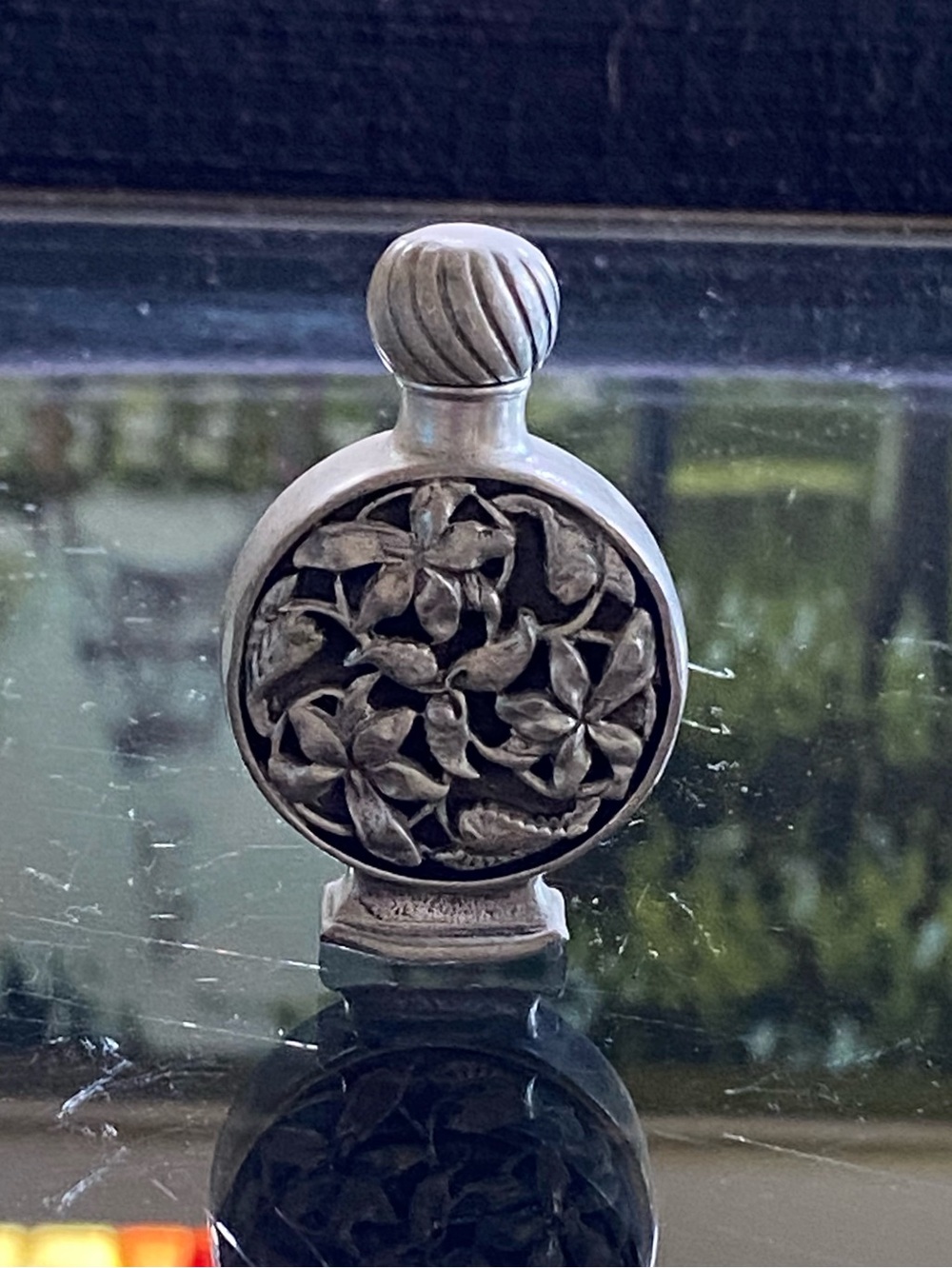 VTG Art Nouveau Silver Filigree Floral Perfume Bottle w Ribbed Cap Small 2”